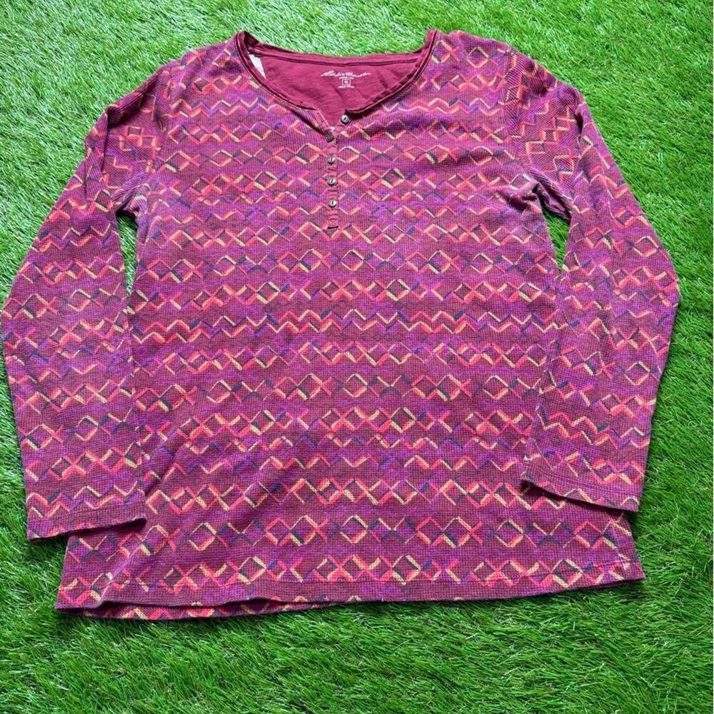 Y2K Eddie Bauer Purple & Pink Geometric Pattern Long Sleeve Henley Shirt